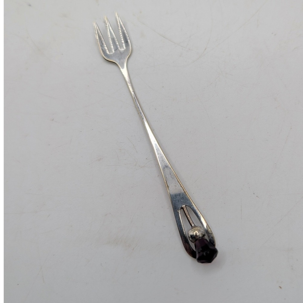 Vtg Cocktail Fork Silver Plate EPNS Purple Gemstone Finial Art Deco Small MCM